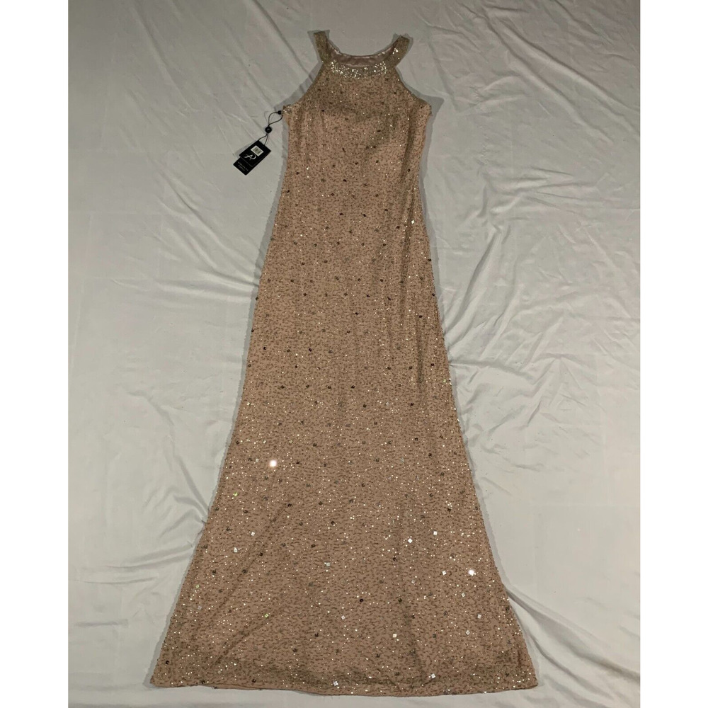 Adrianna Papell Dress Women 10 Beige Sequin Beaded Sheer Back Long Gown New